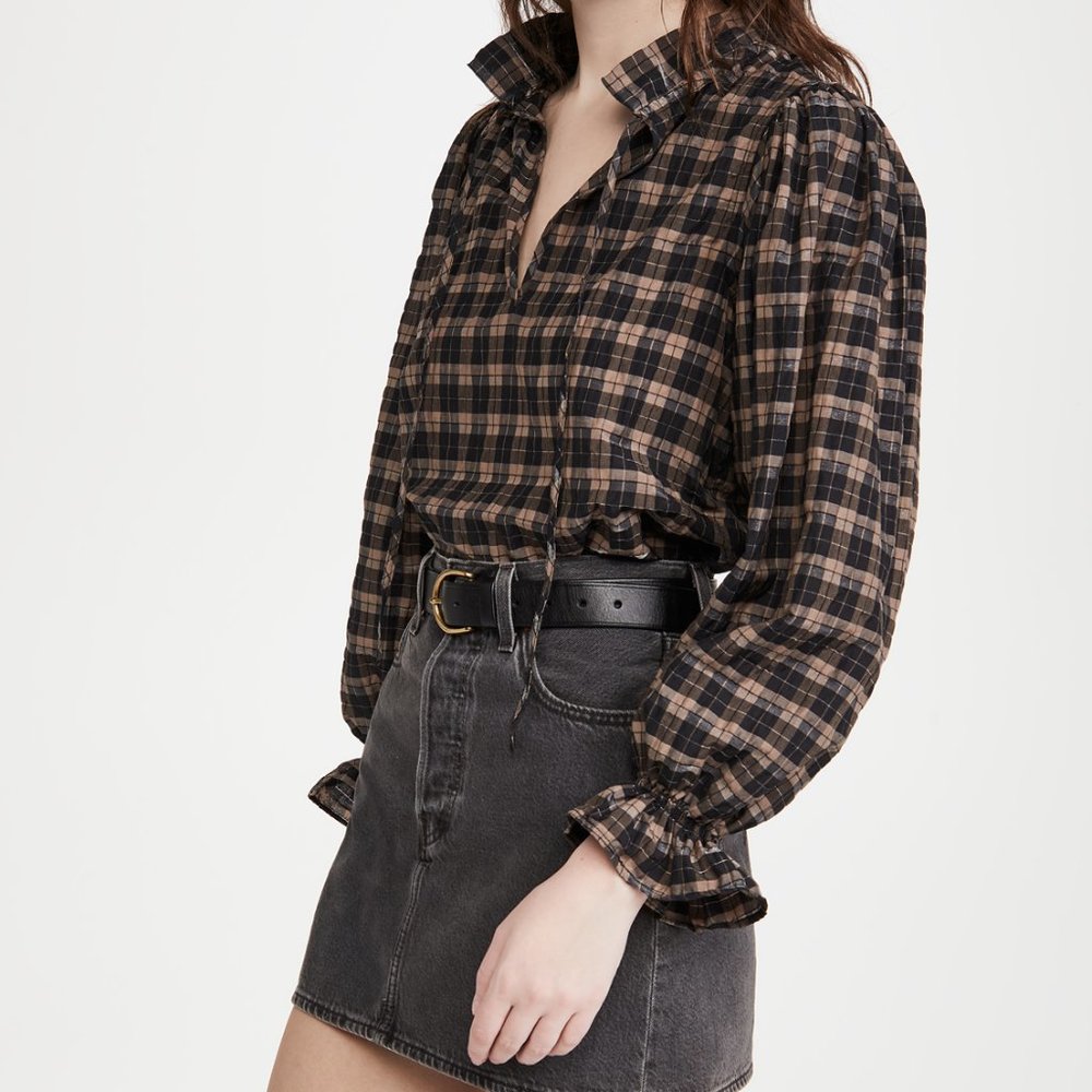 NWOT Ganni Seersucker Check Blouse, Size 4